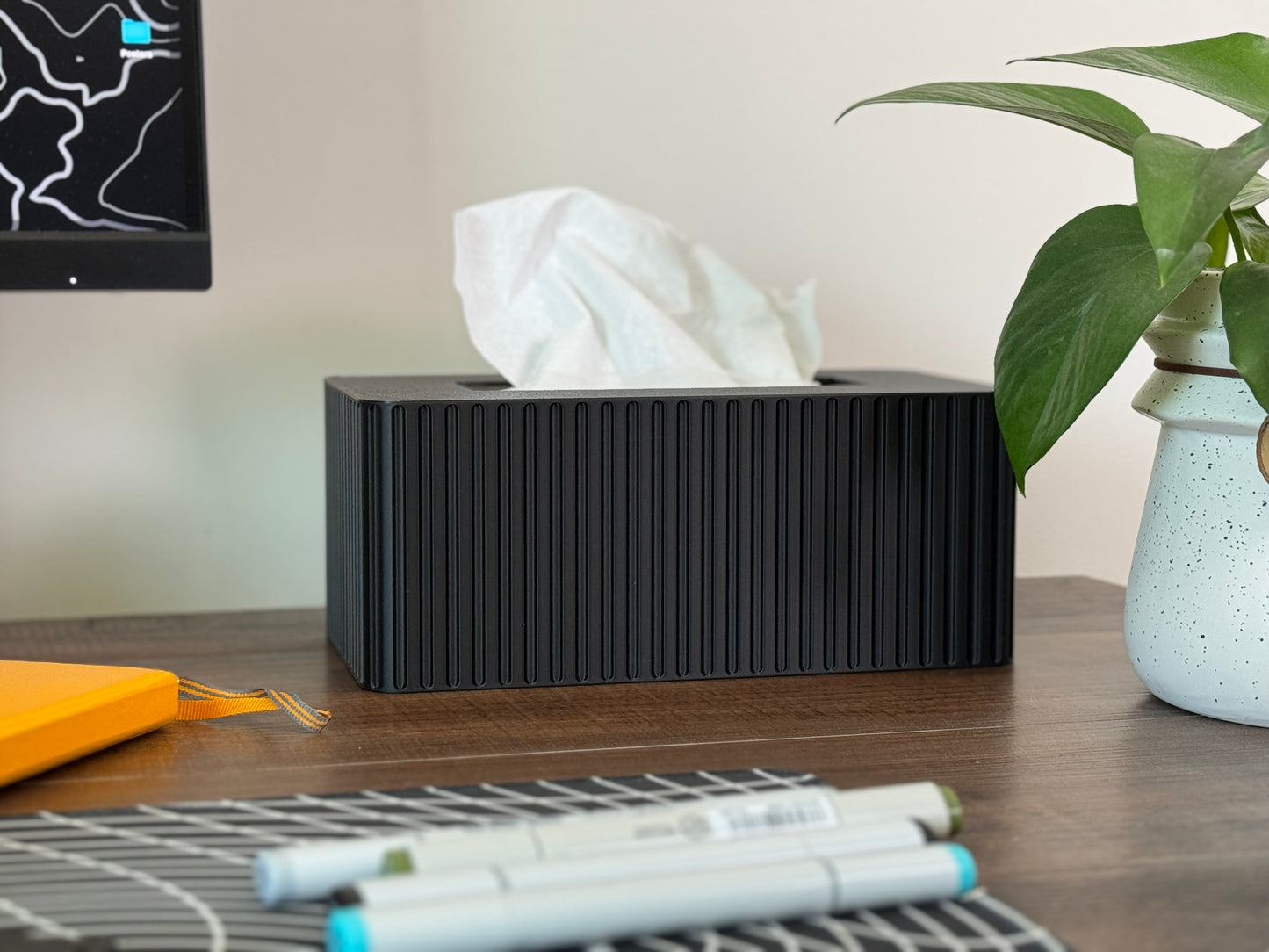 Tissue Box Cover, Tissue Box Holder, Kleenex Box Cover in Black. Side Angle