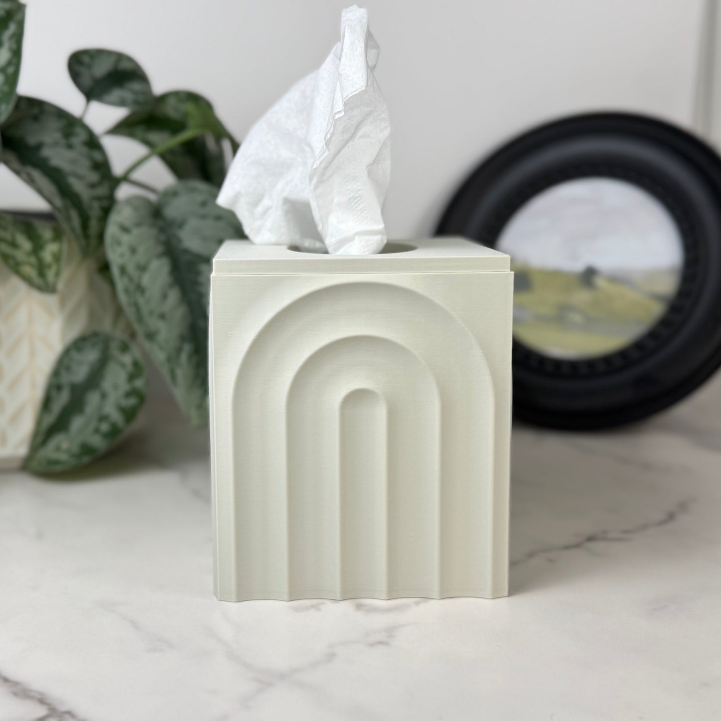 Tissue box with arch design on a marble surface with a plant in the background