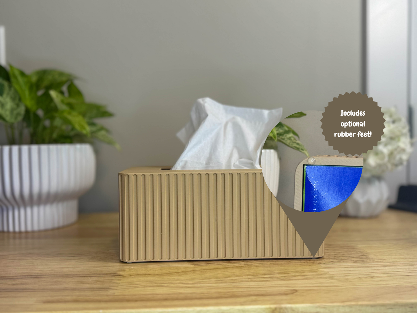 Tissue Box Cover, Tissue Box Holder, Kleenex Box Cover in Beige with rubber feet. Side Angle