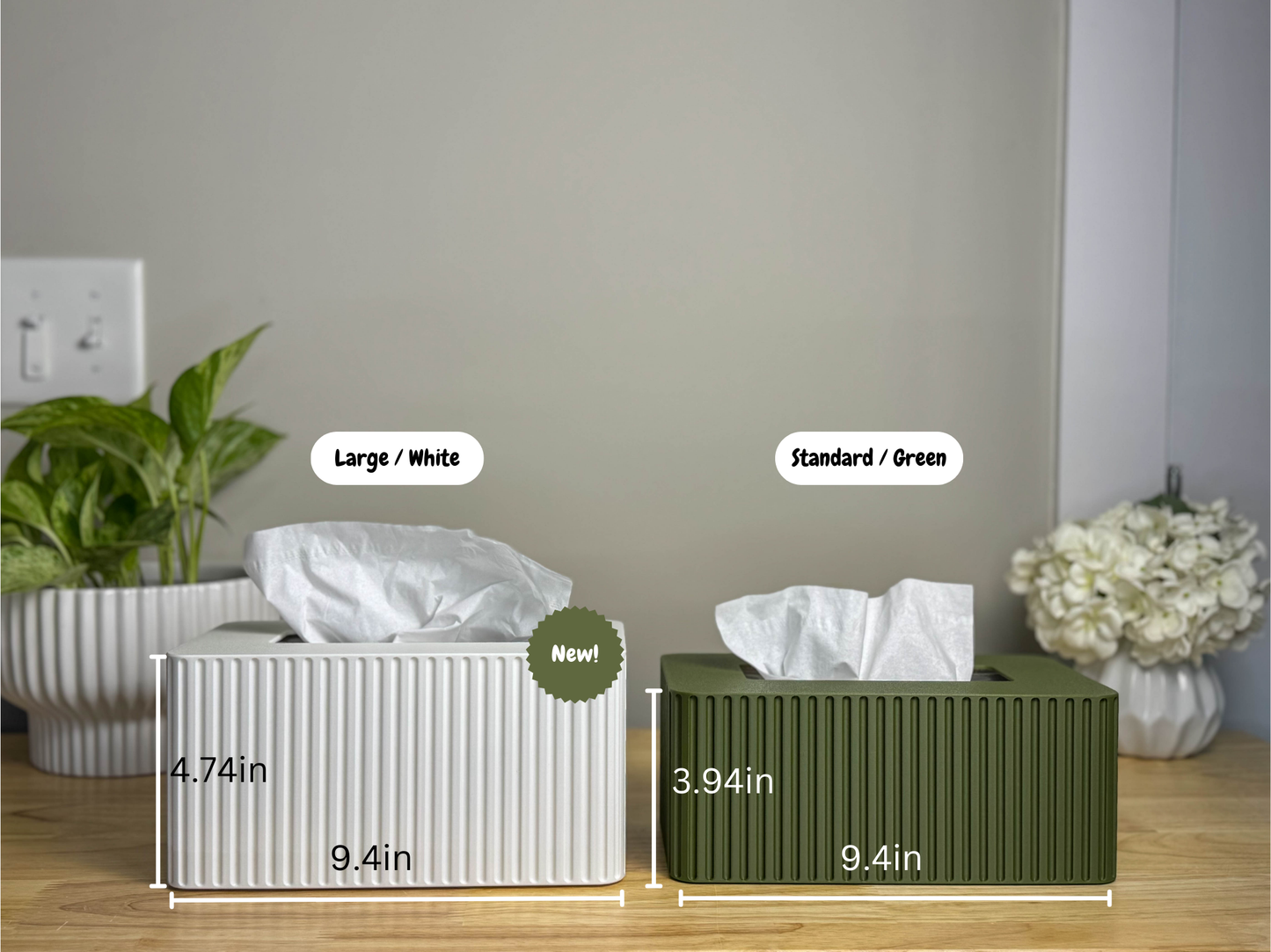 Tissue Box Cover, Tissue Box Holder, Kleenex Box Cover in White and Green. Side Angle with Dimensions
