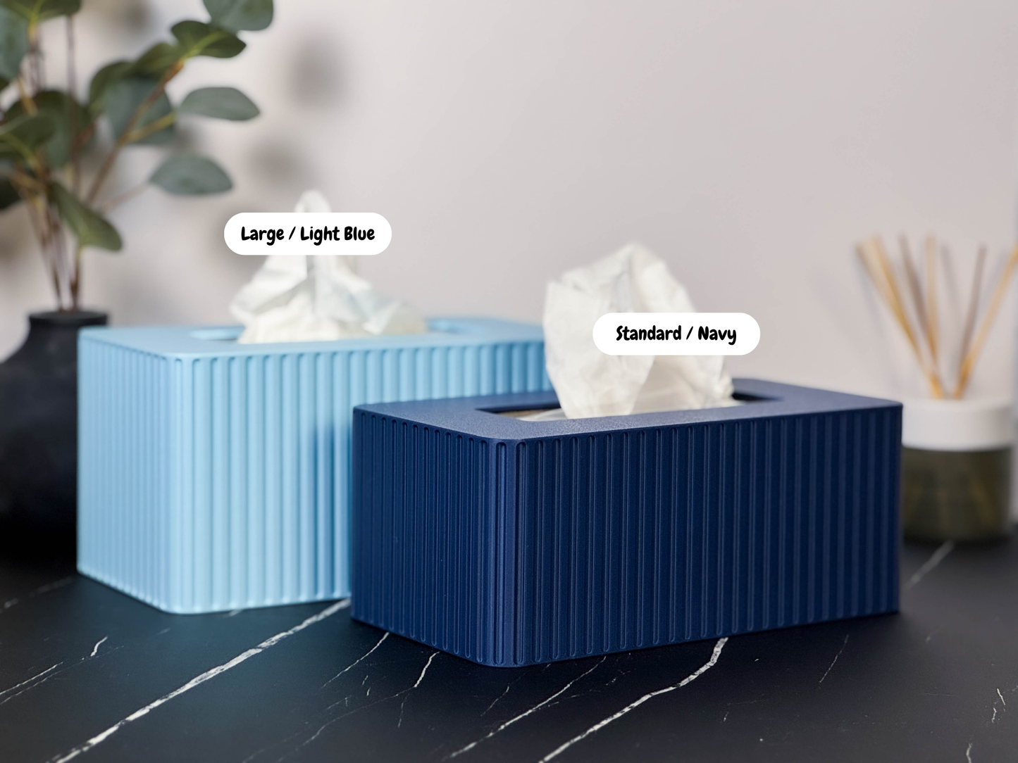 Tissue Box Cover, Tissue Box Holder, Kleenex Box Cover in Navy and Light Blue. Side Angle