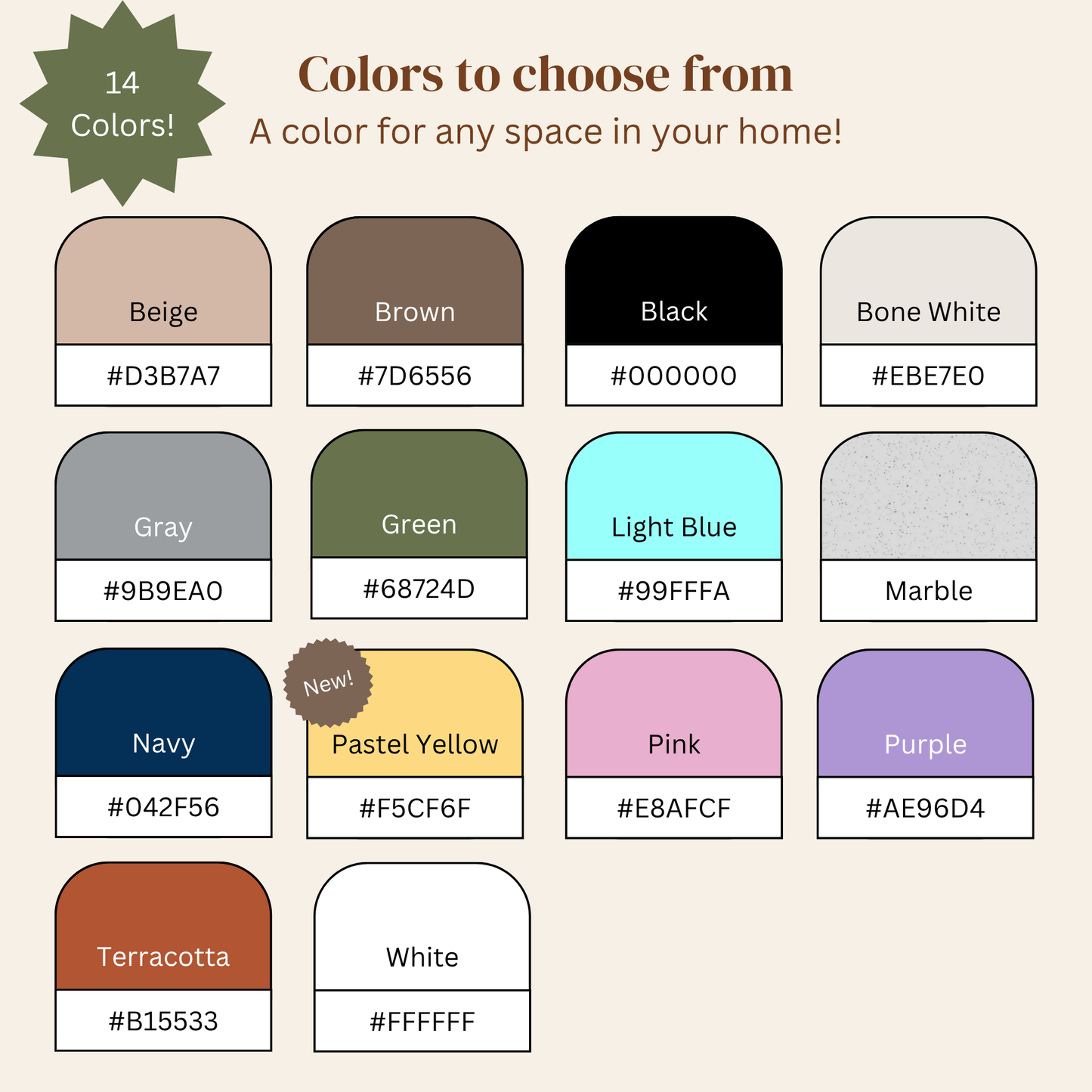 Color swatches with labels and hex codes for various colors on a beige background.