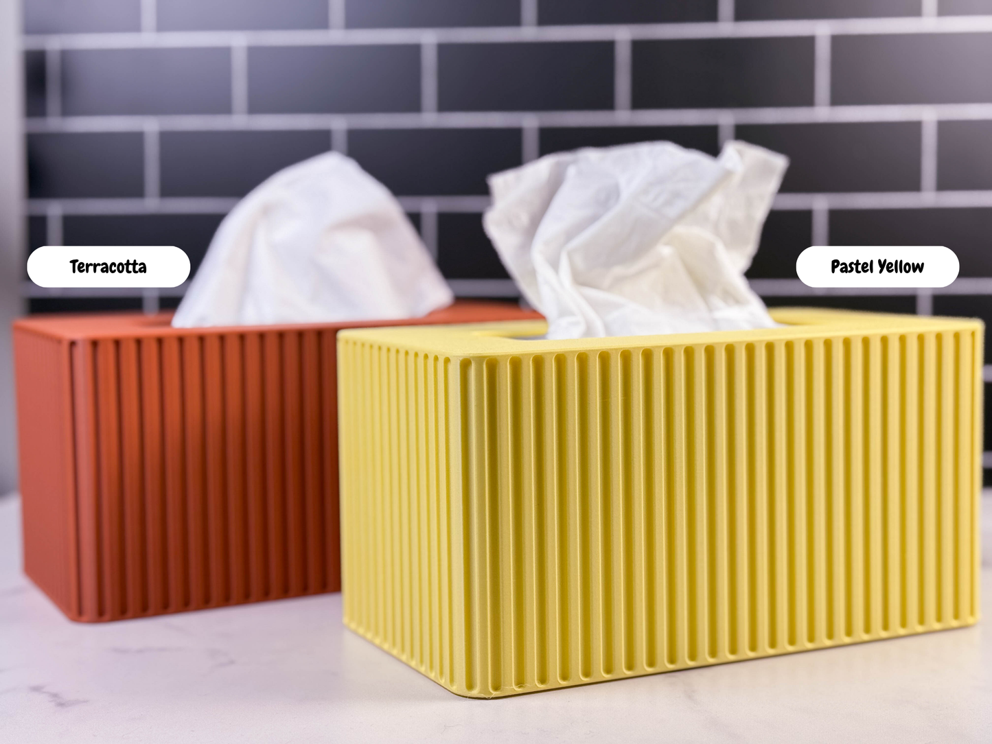 Tissue Box Cover, Tissue Box Holder, Kleenex Box Cover in Terracotta and Pastel Yellow. Side Angle