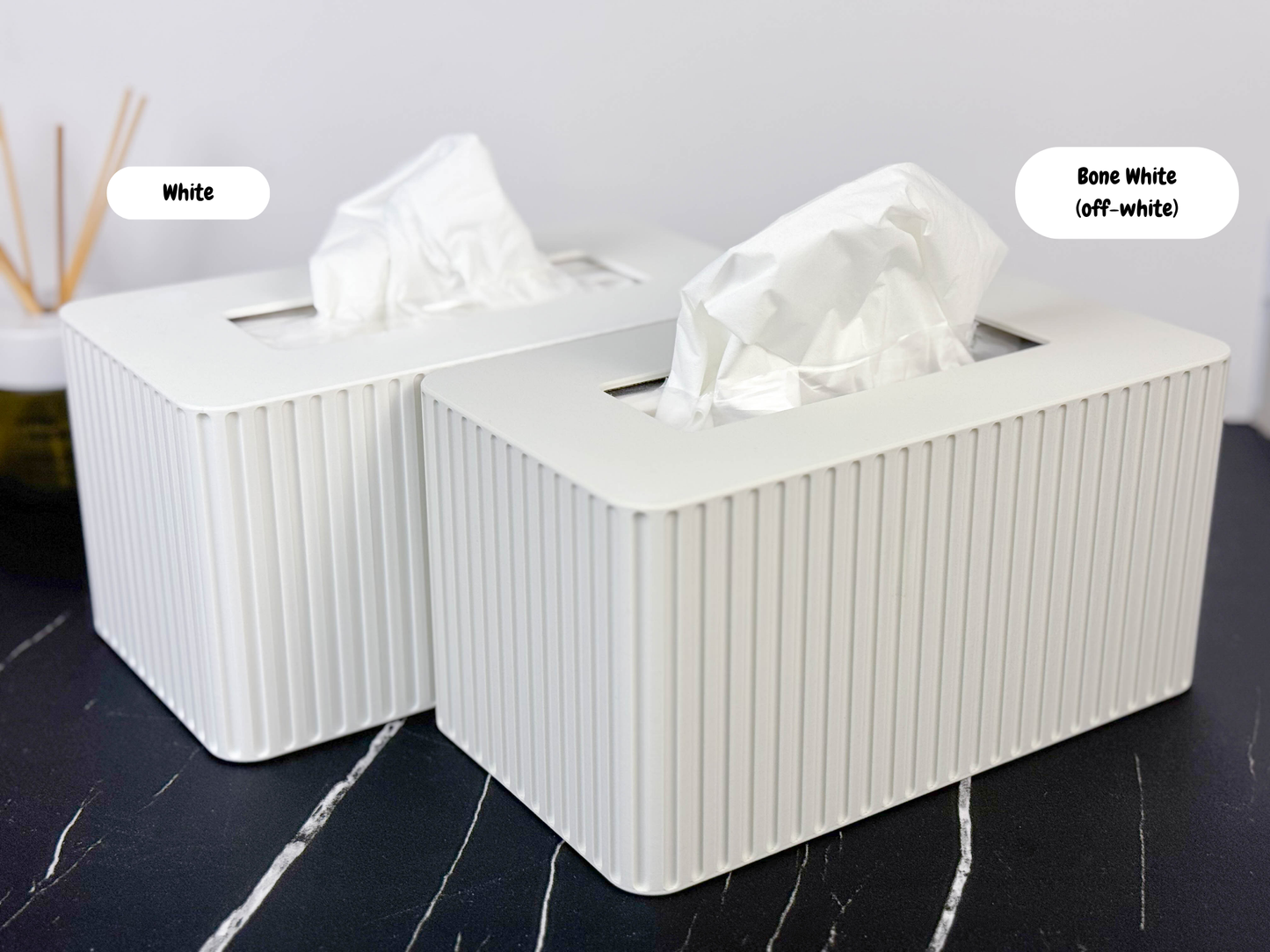 Tissue Box Cover, Tissue Box Holder, Kleenex Box Cover in White and Bone White. Side Angle