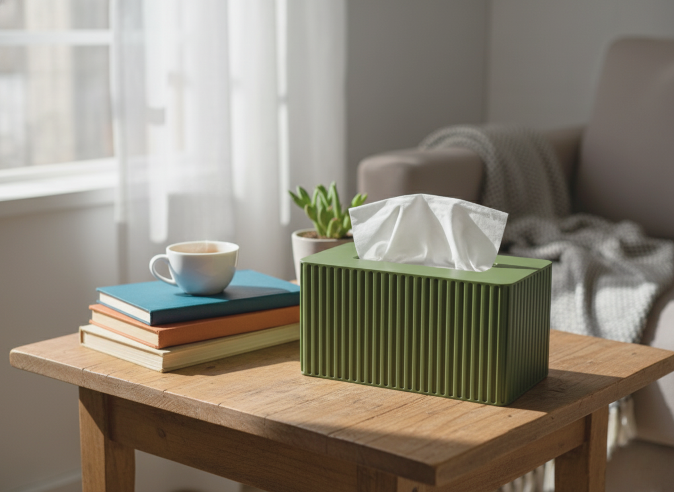 Green tissue box on a wooden table with books and a cup in a cozy living room.