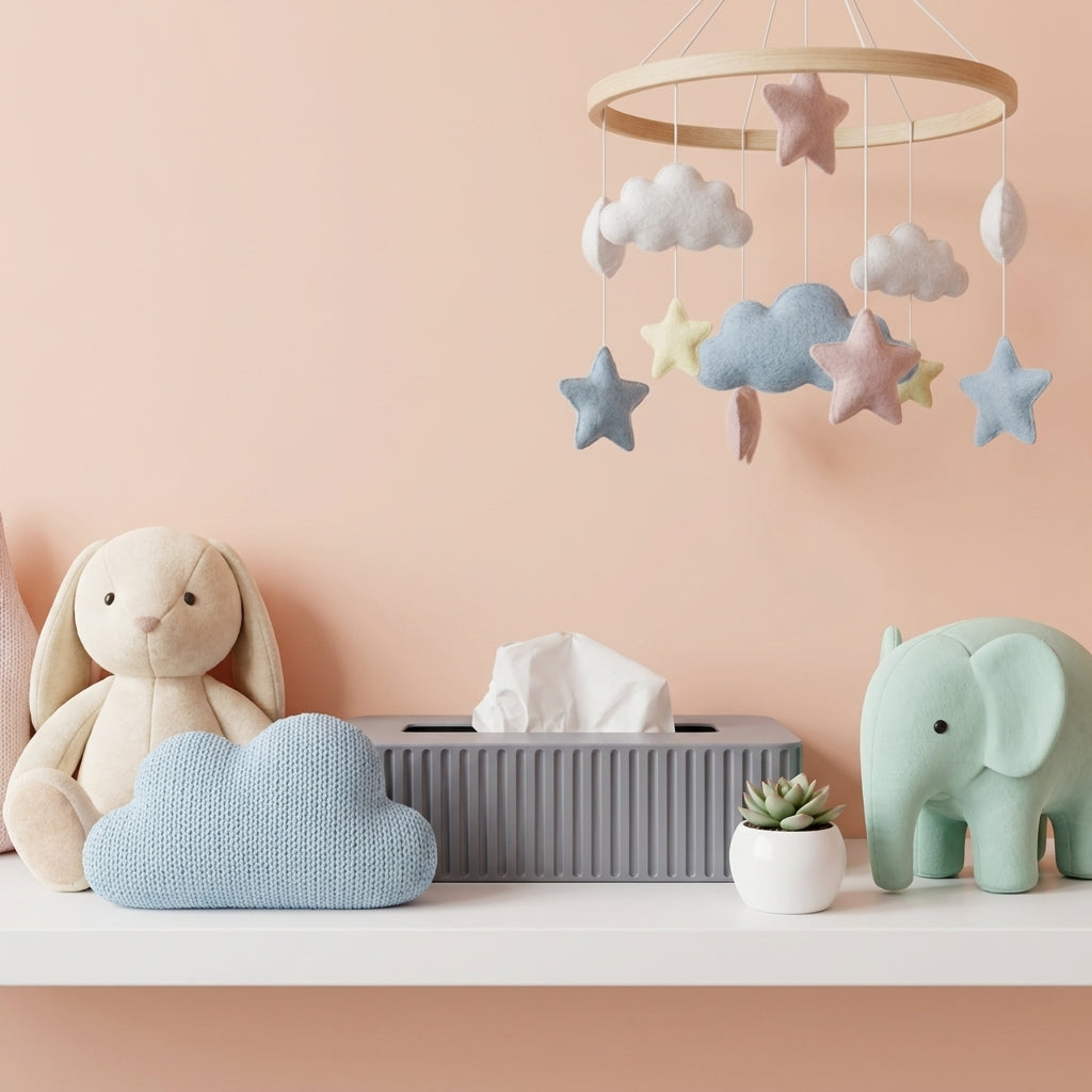 A styled nursery shelf scene with a beige bunny plush, a light blue knitted cloud pillow, a gray tissue box cover, a small potted succulent, and a mint green elephant figurine against a soft peach wall. A wooden hanging mobile with felt stars and clouds is visible above.