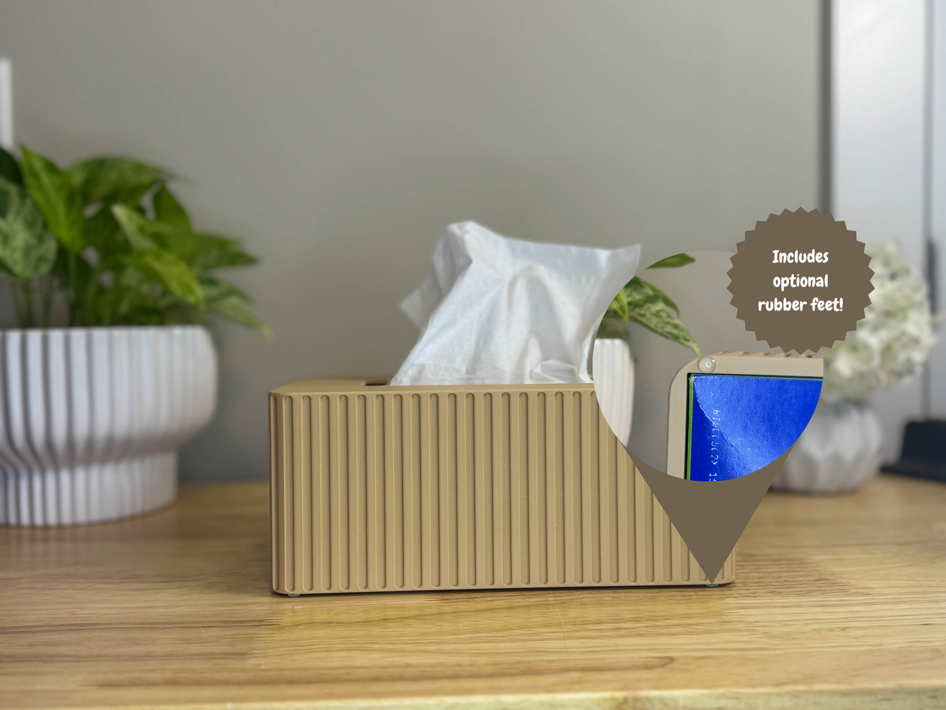 Tissue Box Cover, Tissue Box Holder, Kleenex Box Cover in Beige with rubber feet. Side Angle
