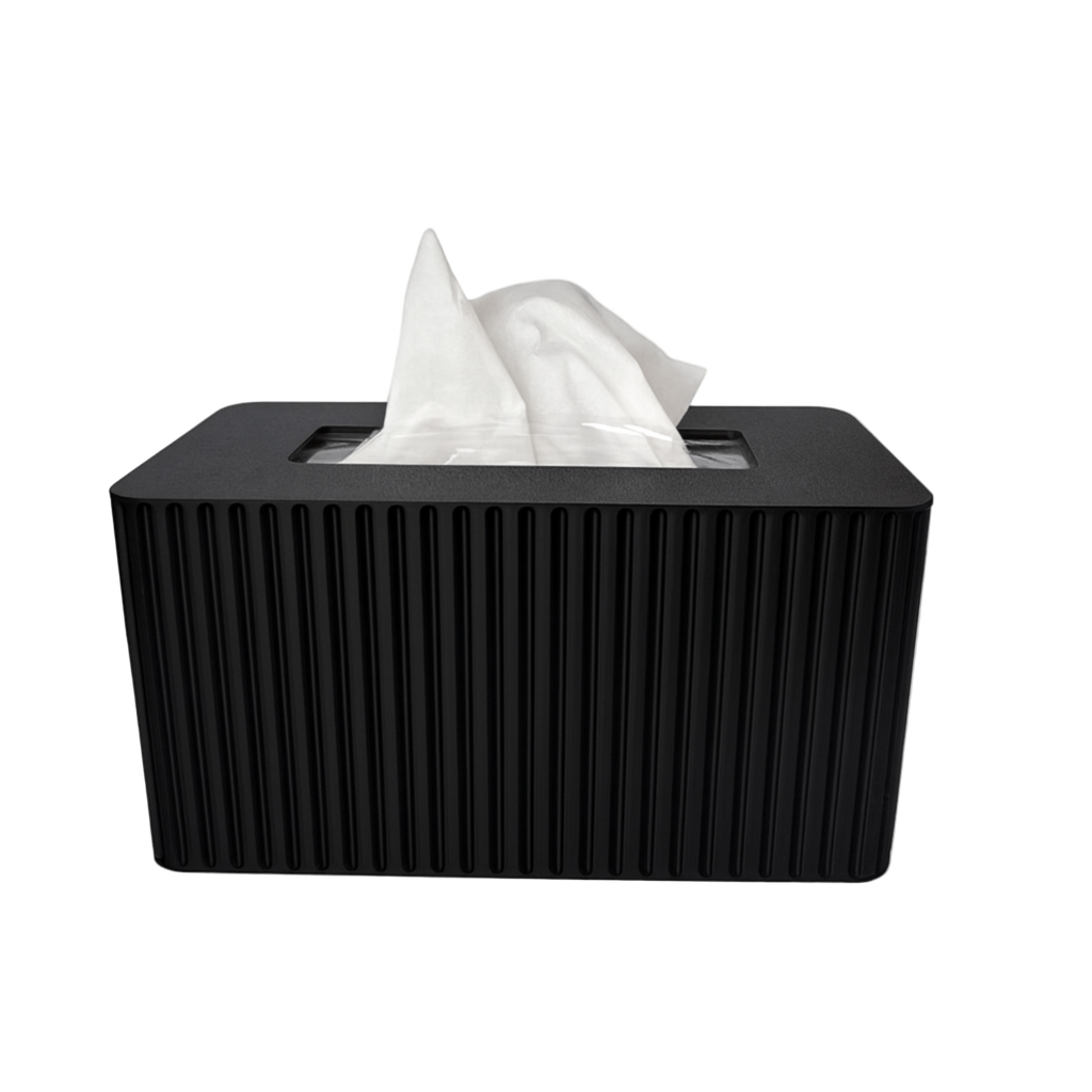 Large rectangular Kleenex box cover styled on a console table