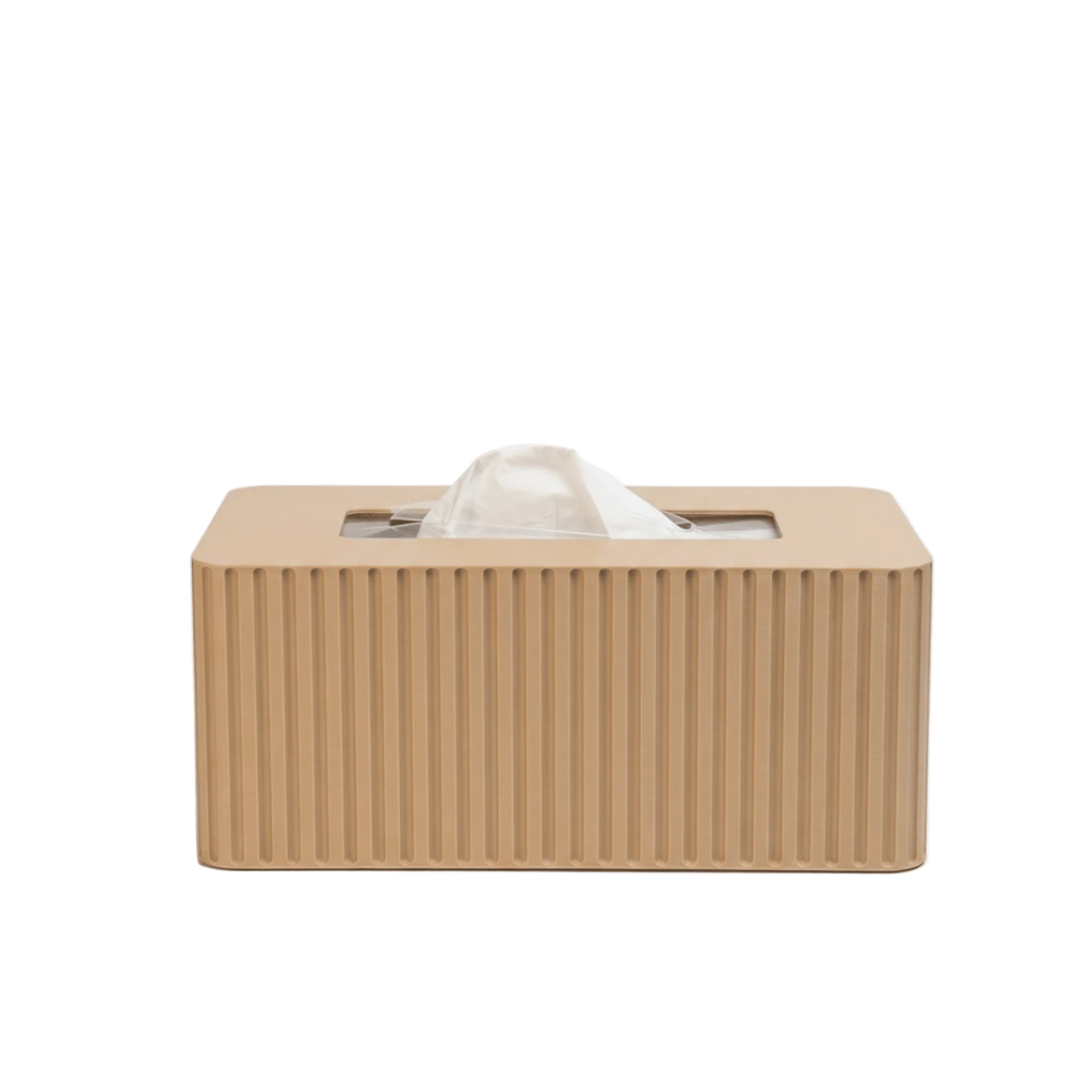 Beige fluted tissue box cover on a clean white background